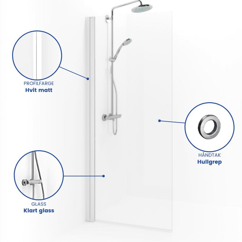 Macro Design SPIRIT Dusjdør Rett - med hullgrep Hvit matt / 67cm / Klart glass Macro Design Dusjdør BUN-DSSKV67GKL