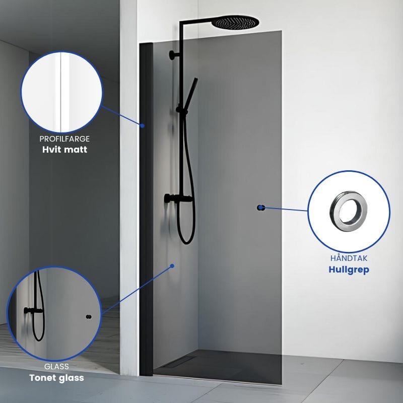 Macro Design SPIRIT Dusjdør Rett - med hullgrep Hvit matt / 67cm / Tonet glass Macro Design Dusjdør BUN-DSSKV67GTO