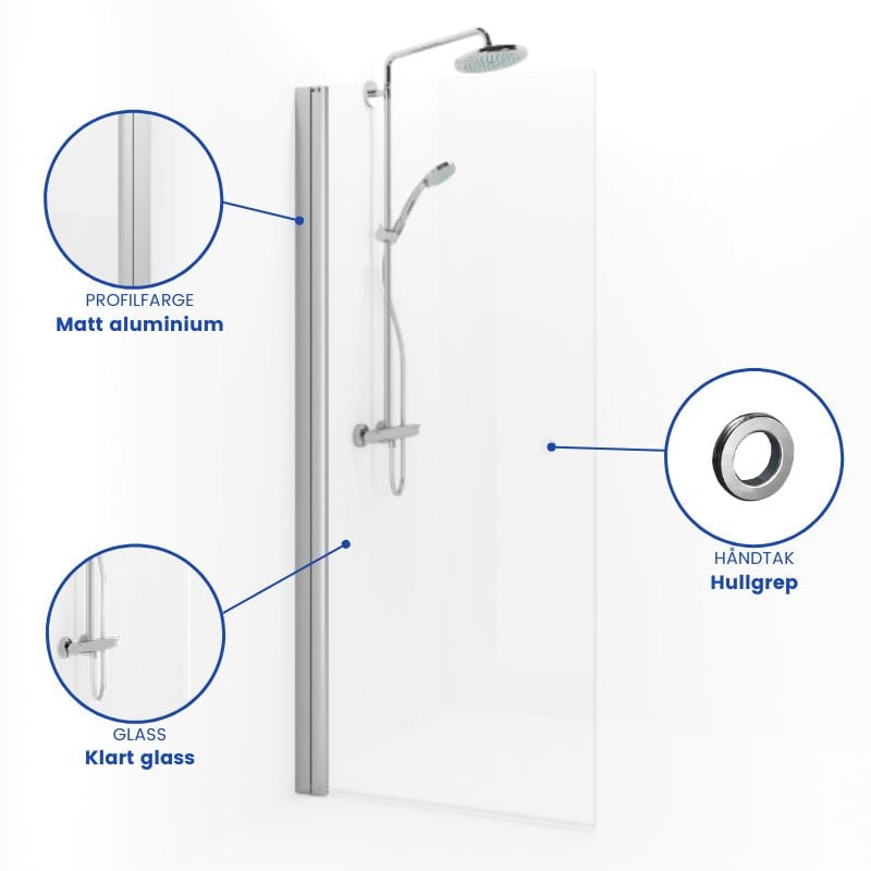 Macro Design SPIRIT Dusjdør Rett - med hullgrep Matt aluminium / 67cm / Klart glass Macro Design Dusjdør BUN-DSSKN67GKL