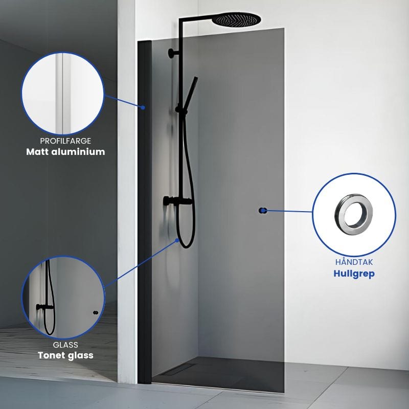 Macro Design SPIRIT Dusjdør Rett - med hullgrep Matt aluminium / 67cm / Tonet glass Macro Design Dusjdør BUN-DSSKN67GTO