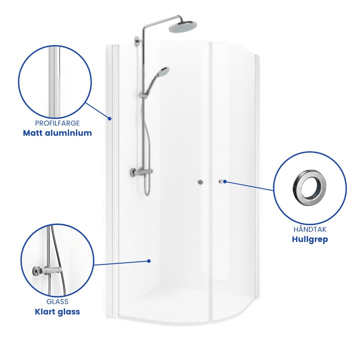 Macro Design SPIRIT Dusjhjørne Rund Lav Matt aluminium / 80x80cm / Klart glass med hullgrep Macro Design Dusjhjørne BUN-DHSC808GKLL