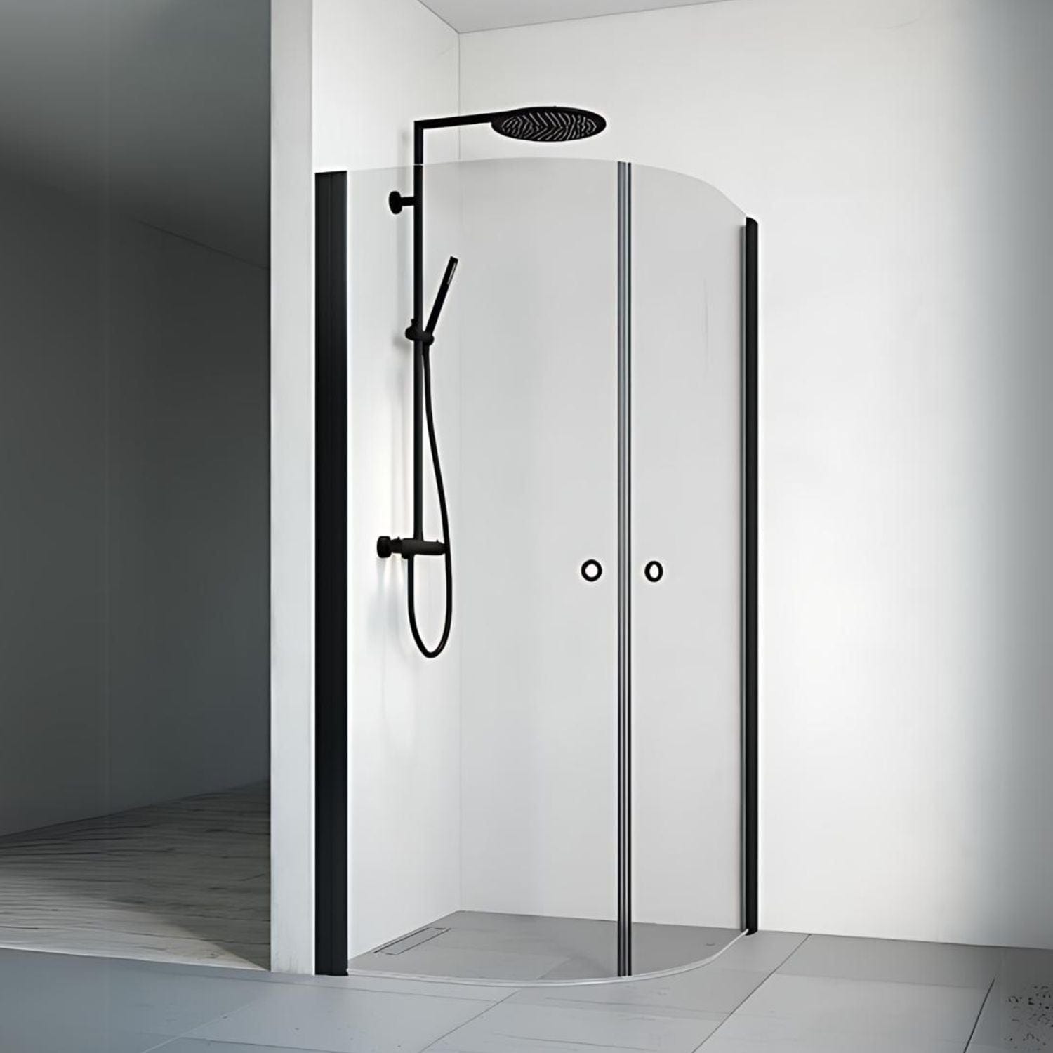 Macro Design SPIRIT Dusjhjørne Rund - med hullgrep Svart / 70x70cm / Klart glass Macro Design Dusjdør BUN-DHSCS707GKL