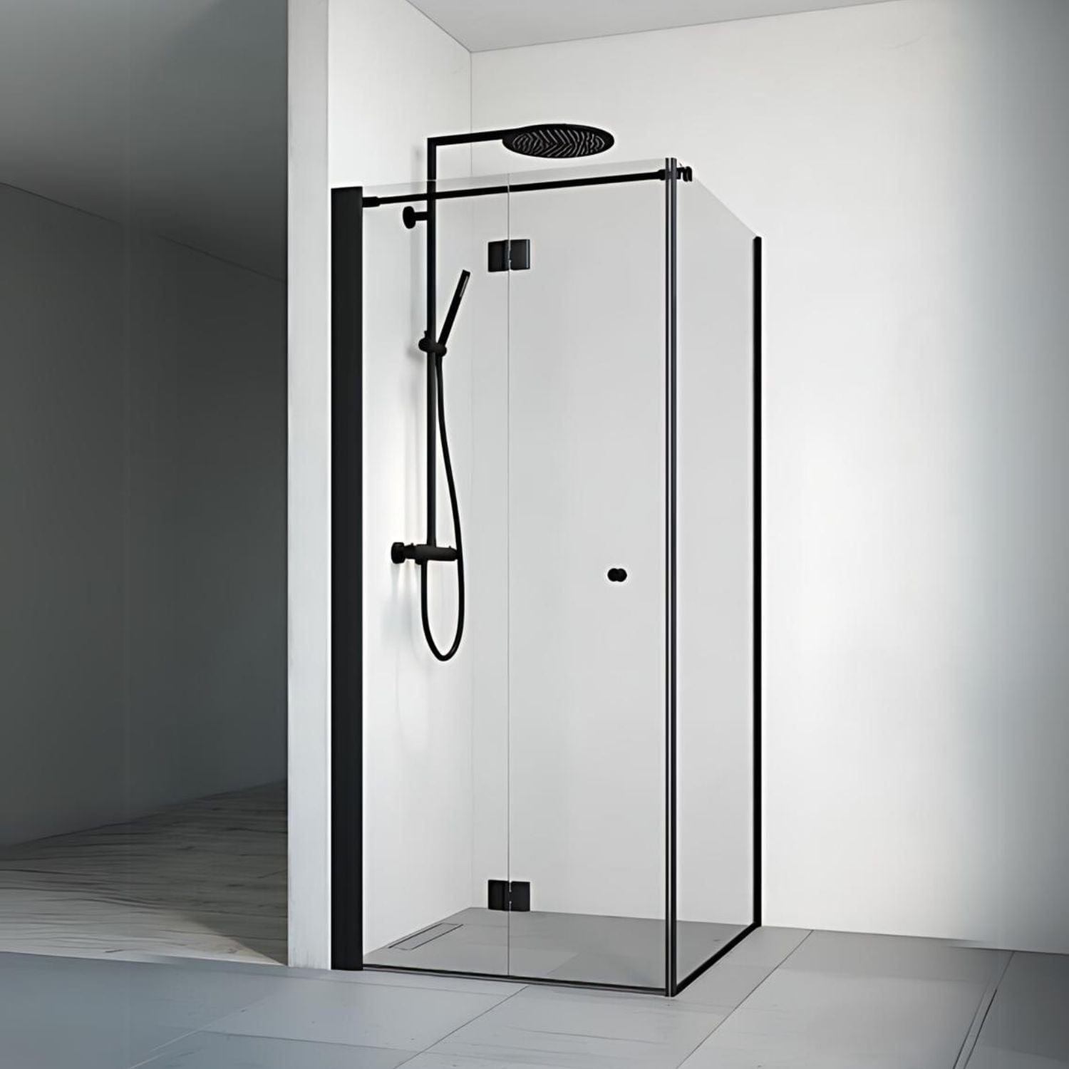 Macro Design SPIRIT Dusjhjørne Vik Swing - med knott Svart matt / 100x100cm / Klart glass Macro Design Dusjhjørne BUN-DSVSV110SKL