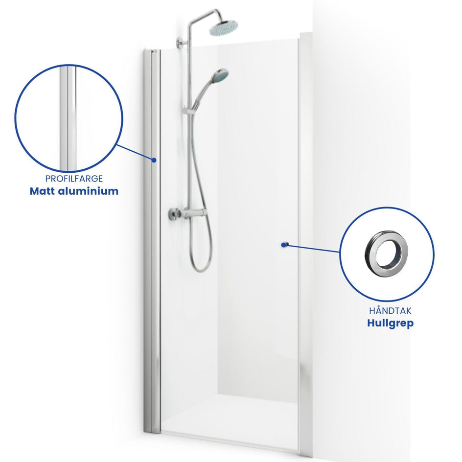 Macro Design SPIRIT Nisjedusj Matt aluminium / 590-625mm / Klart glass med hullgrep Macro Design Dusjnisje BUN-DSNN59GKL