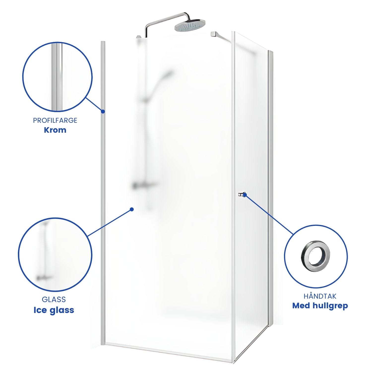 Macro Design SPIRIT Nisjedusj Swing Ice - med hullgrep Krom / 70x70cm / Ice glass Macro Design Dusjnisje BUN-DSSV77GGIC