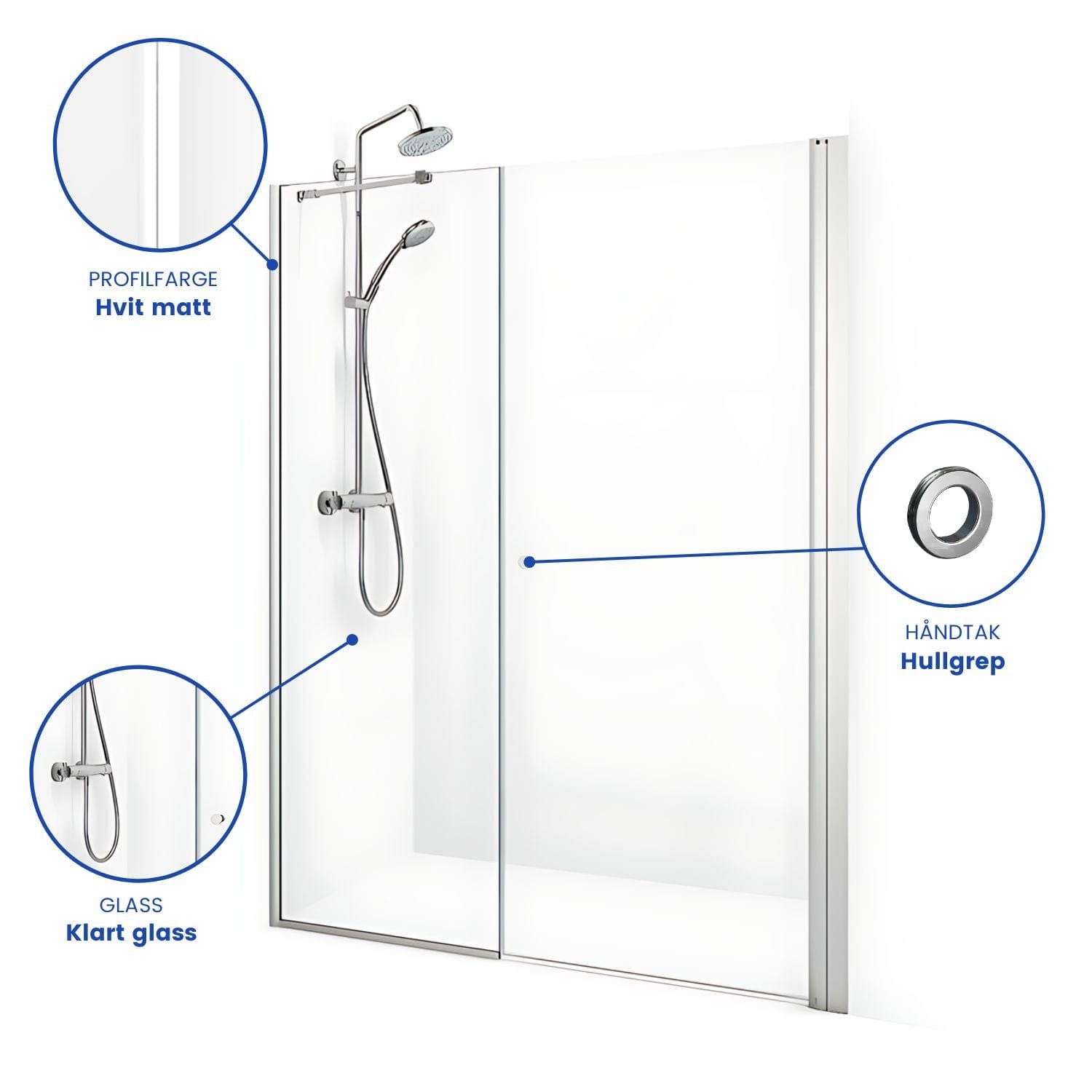 Macro Design SPIRIT Nisjedusj Swing - med hullgrep Hvit matt / 70x67cm / Klart glass Macro Design Dusjnisje BUN-DSSV767VGKL