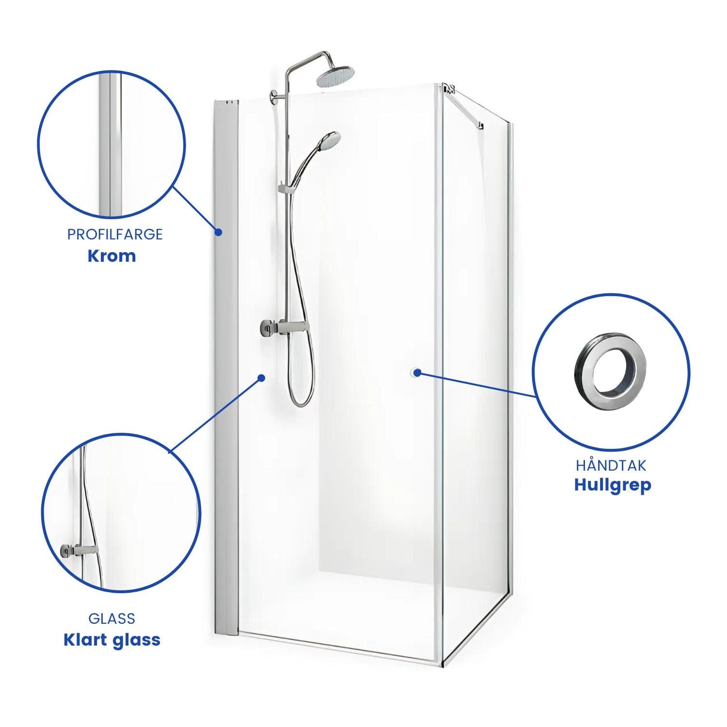 Macro Design SPIRIT Nisjedusj Swing - med hullgrep Krom / 70x70cm / Klart glass Macro Design Dusjnisje BUN-DSSV77GGKL