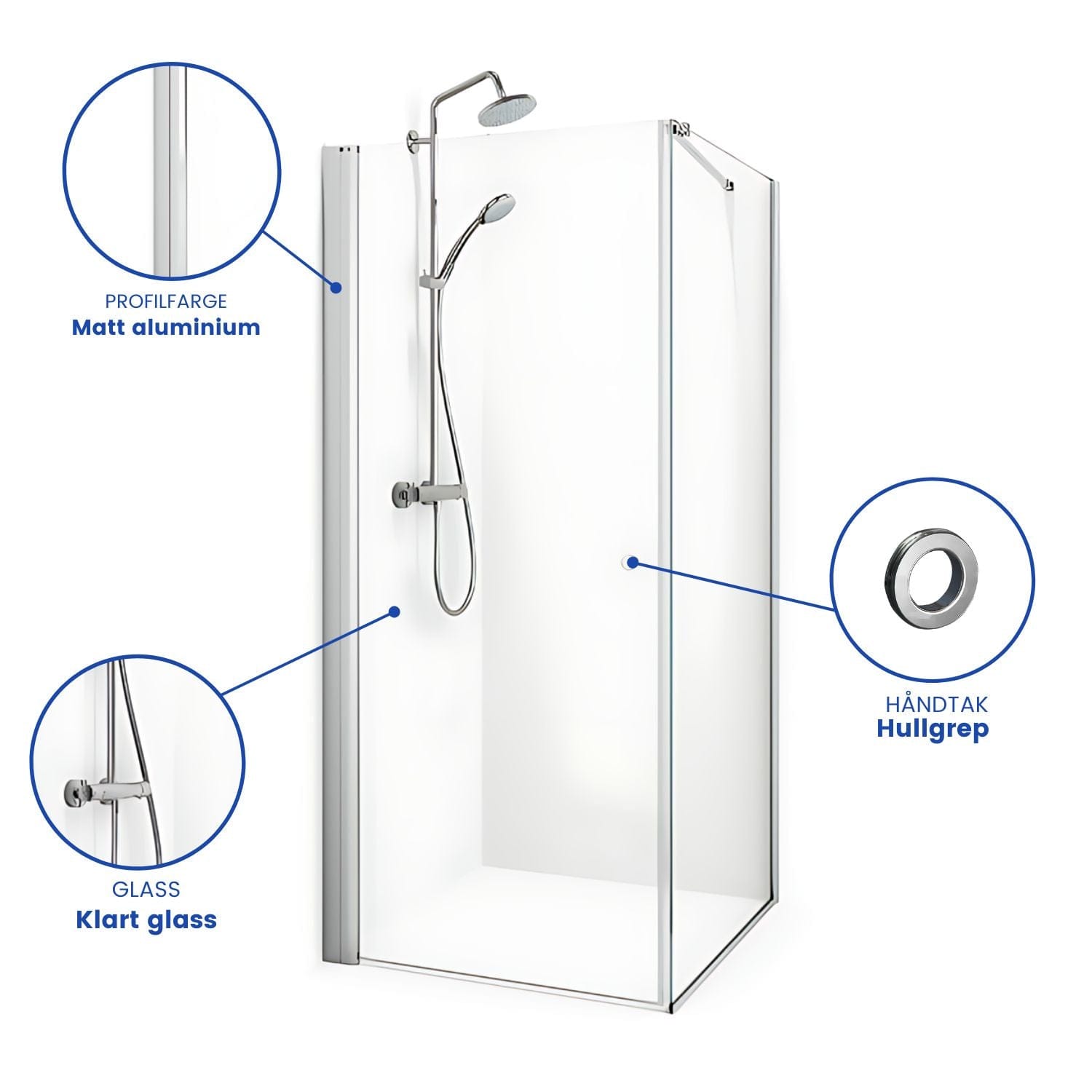 Macro Design SPIRIT Nisjedusj Swing - med hullgrep Matt aluminium / 70x70cm / Klart glass Macro Design Dusjnisje BUN-DSSV77NGKL