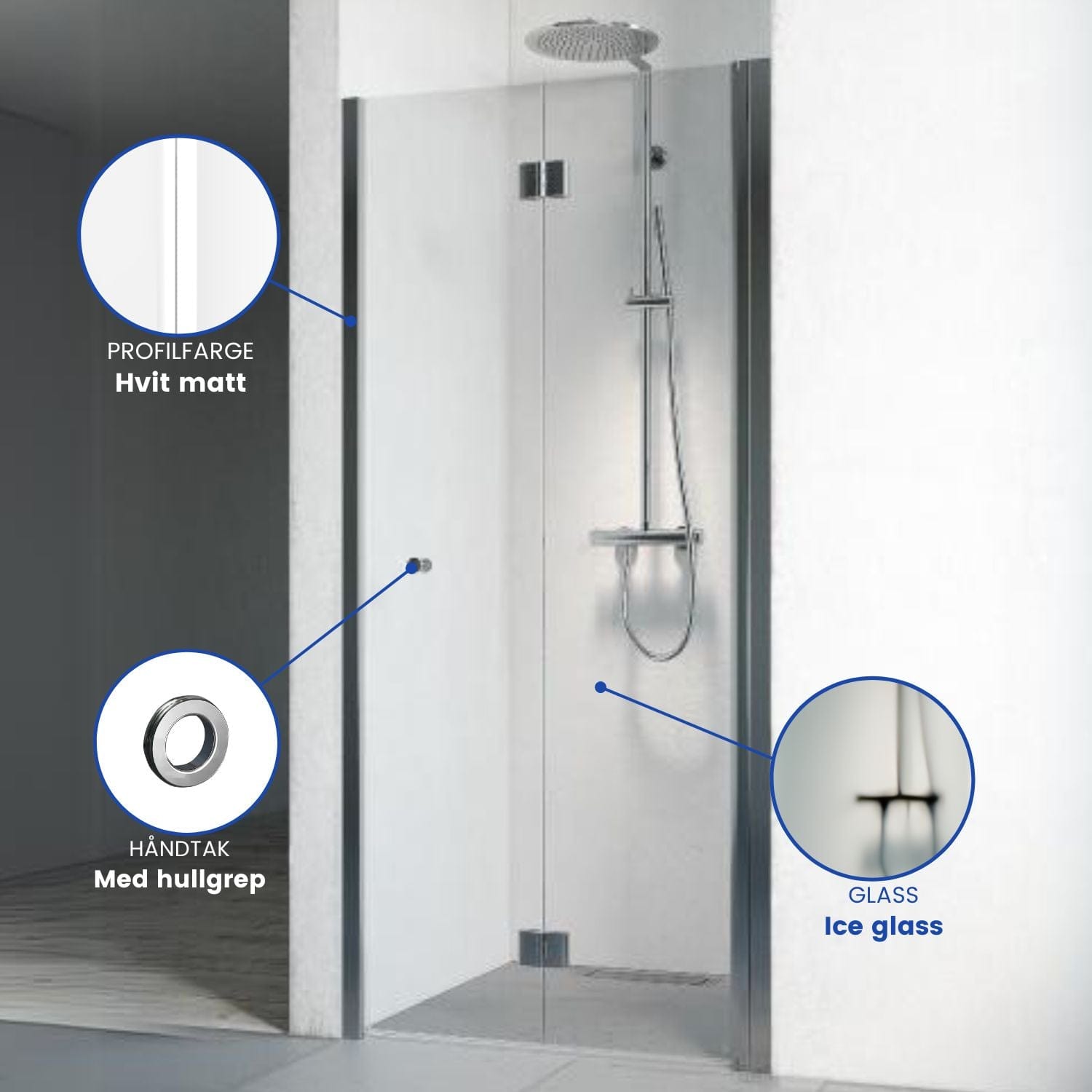 Macro Design SPIRIT Nisjedusj Vik Hvit / 690-725mm / Ice glass med hullgrep Macro Design Dusjnisje BUN-DSNVV69GIC