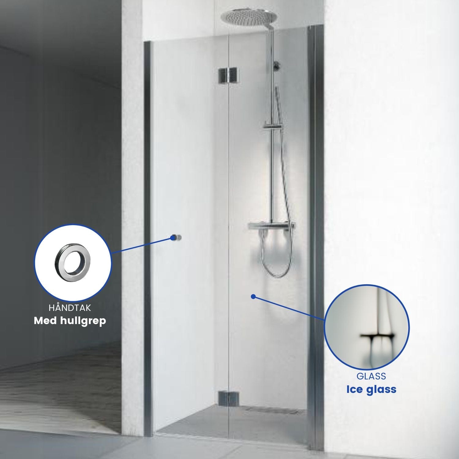 Macro Design SPIRIT Nisjedusj Vik Krom / 690-725mm / Ice glass med hullgrep Macro Design Dusjnisje BUN-DSNVG69GIC