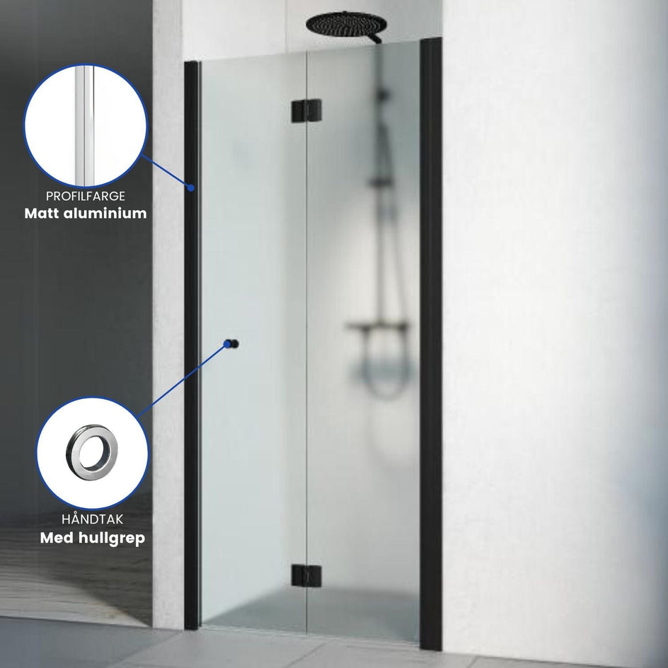 Macro Design SPIRIT Nisjedusj Vik Matt aluminium / 690-725mm / Ice glass med hullgrep Macro Design Dusjnisje BUN-DSNVN69GIC