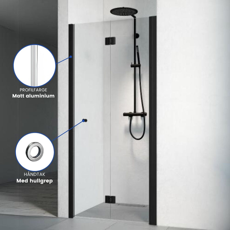 Macro Design SPIRIT Nisjedusj Vik Matt aluminium / 690-725mm / Klart glassmed hullgrep Macro Design Dusjnisje BUN-DSNVN69GKL