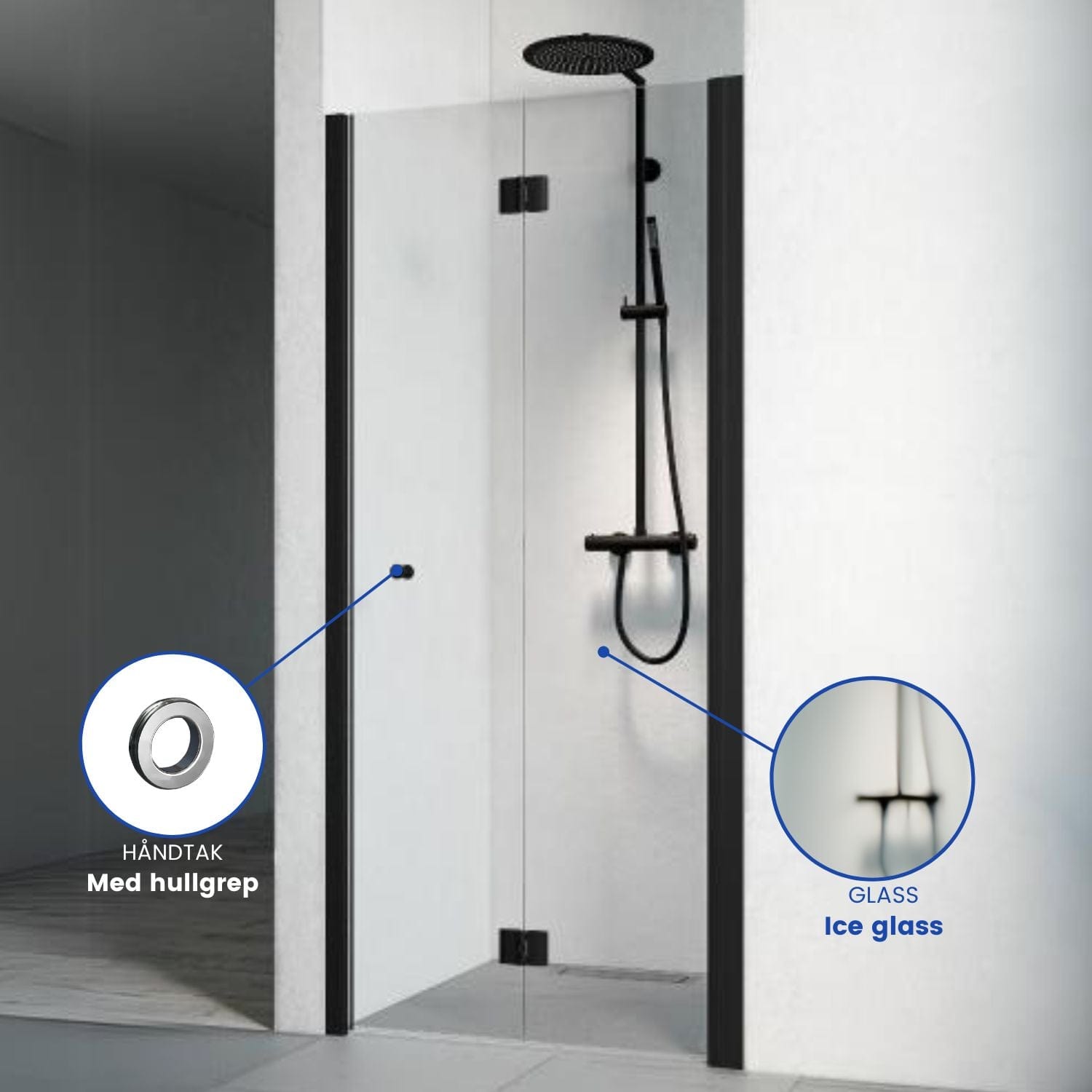 Macro Design SPIRIT Nisjedusj Vik Svart matt / 69-72.5cm / Ice glass med hullgrep Macro Design Dusjnisje BUN-DSNVS69GIC
