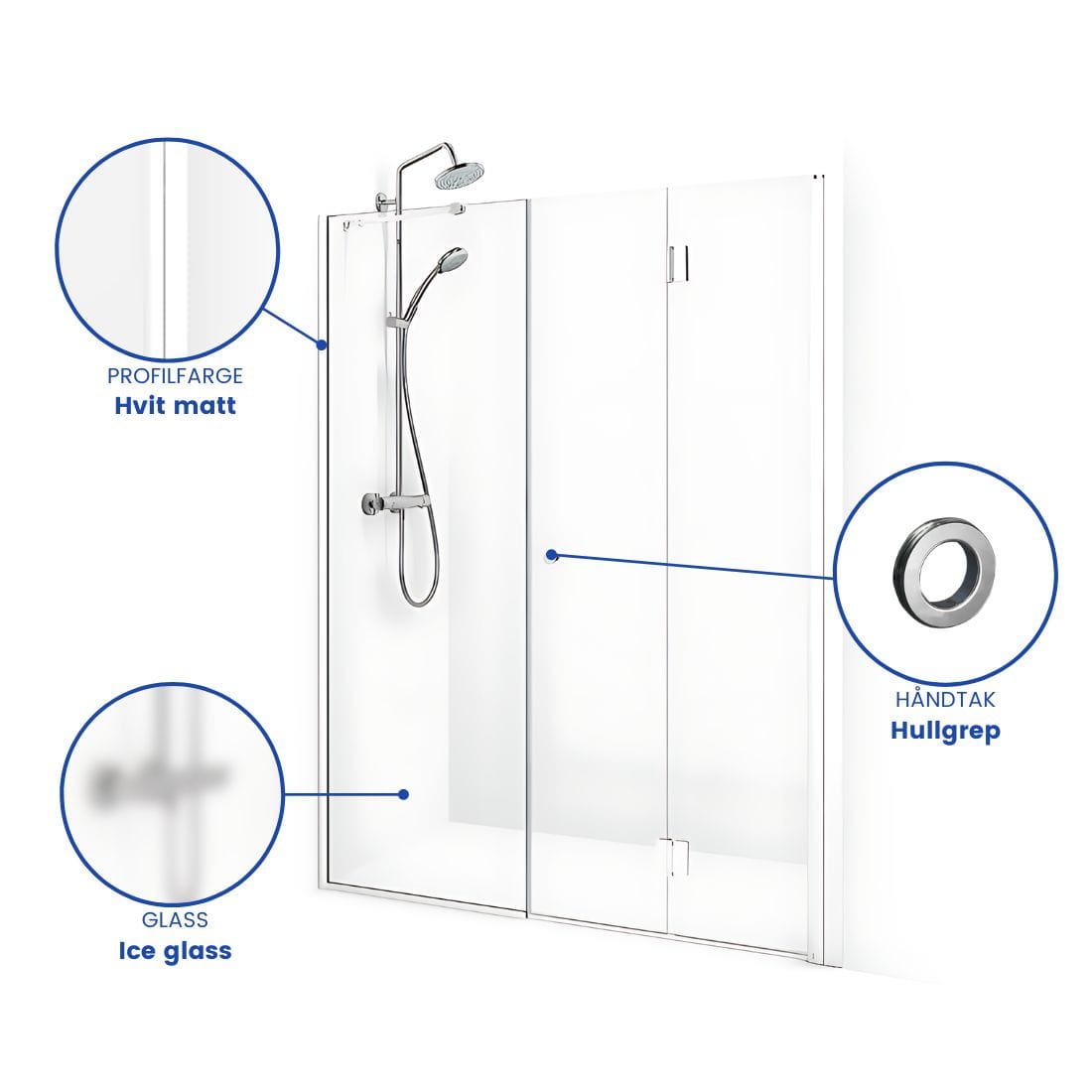 Macro Design SPIRIT Nisjedusj Vik Swing- med hullgrep Hvit matt / 70+67cm / Ice glass Macro Design Dusjnisje BUN-DSVSV767VGIC