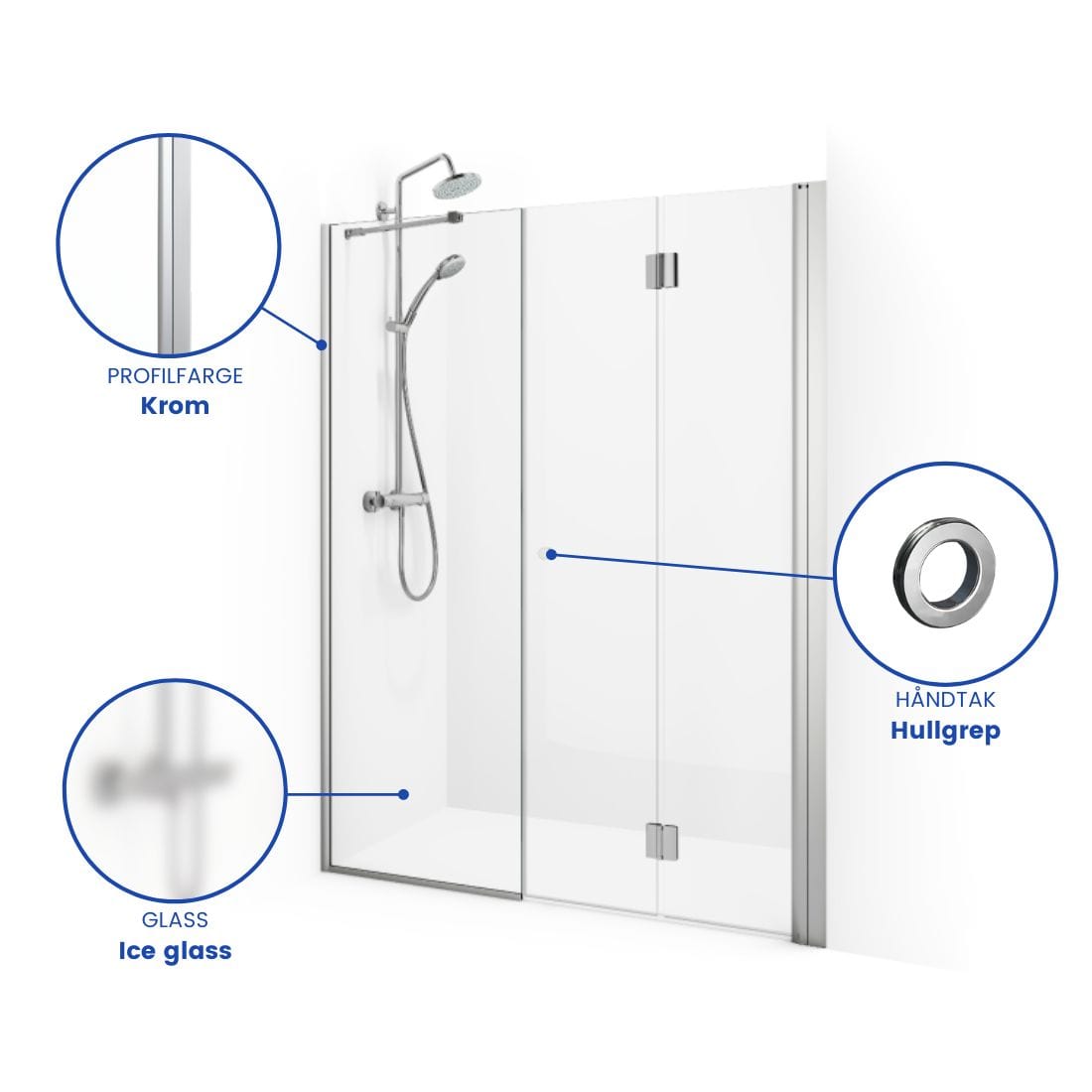 Macro Design SPIRIT Nisjedusj Vik Swing- med hullgrep Krom / 70+67cm / Ice glass Macro Design Dusjnisje BUN-DSVSV767GGIC