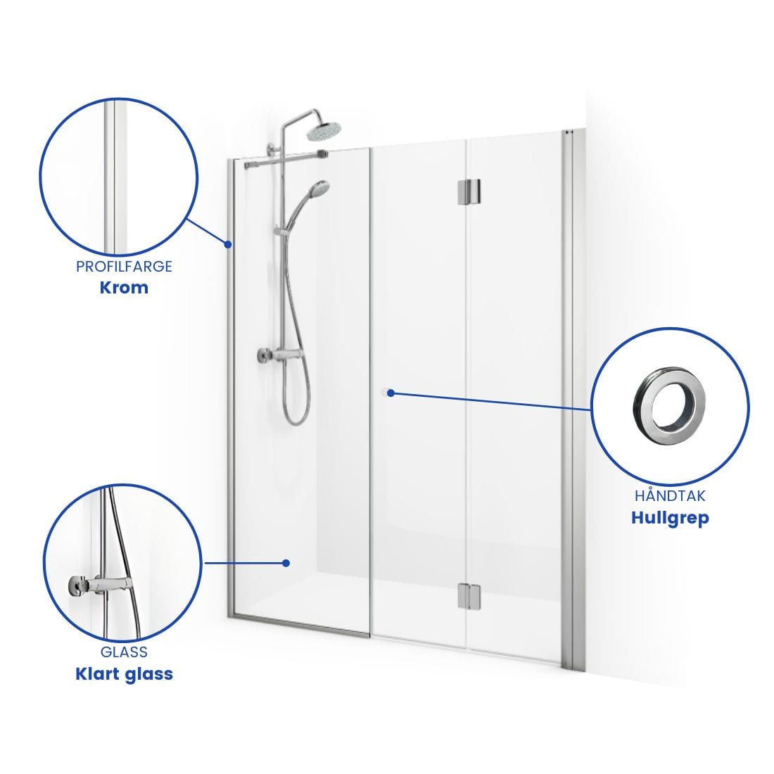 Macro Design SPIRIT Nisjedusj Vik Swing- med hullgrep Krom / 70+67cm / Klart glass Macro Design Dusjnisje BUN-DSVSV767GGKL