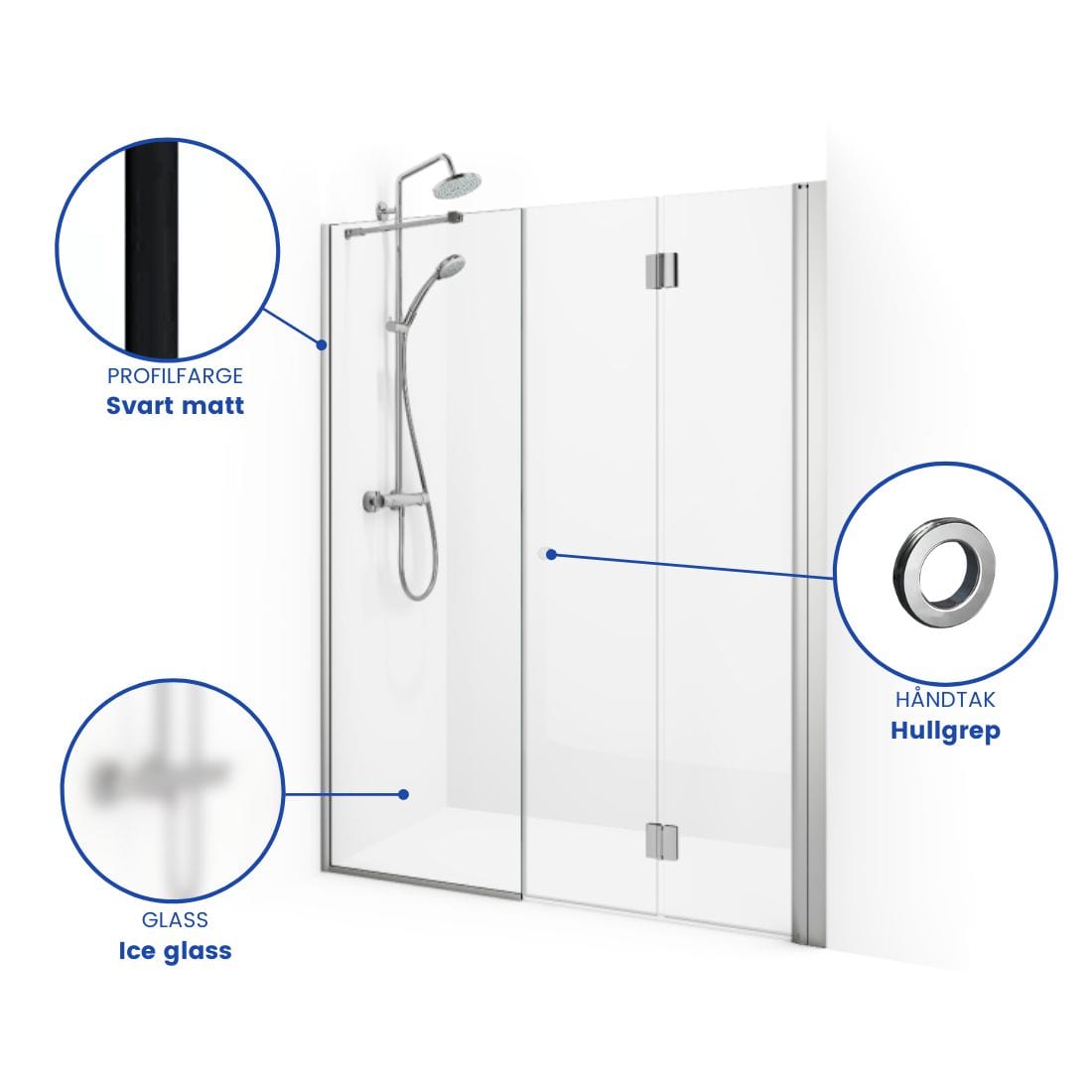 Macro Design SPIRIT Nisjedusj Vik Swing- med hullgrep Svart matt / 70+67cm / Ice glass Macro Design Dusjnisje BUN-DSVSV767SGIC