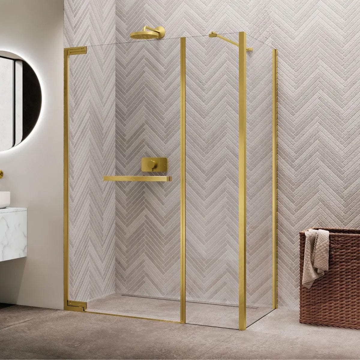 Novellini N180 GFL Slagdør Inlinea for hjørne Børstet messing / 98cm / Klart glass Novellini Dusjvegg KO-N180GFL98-1P