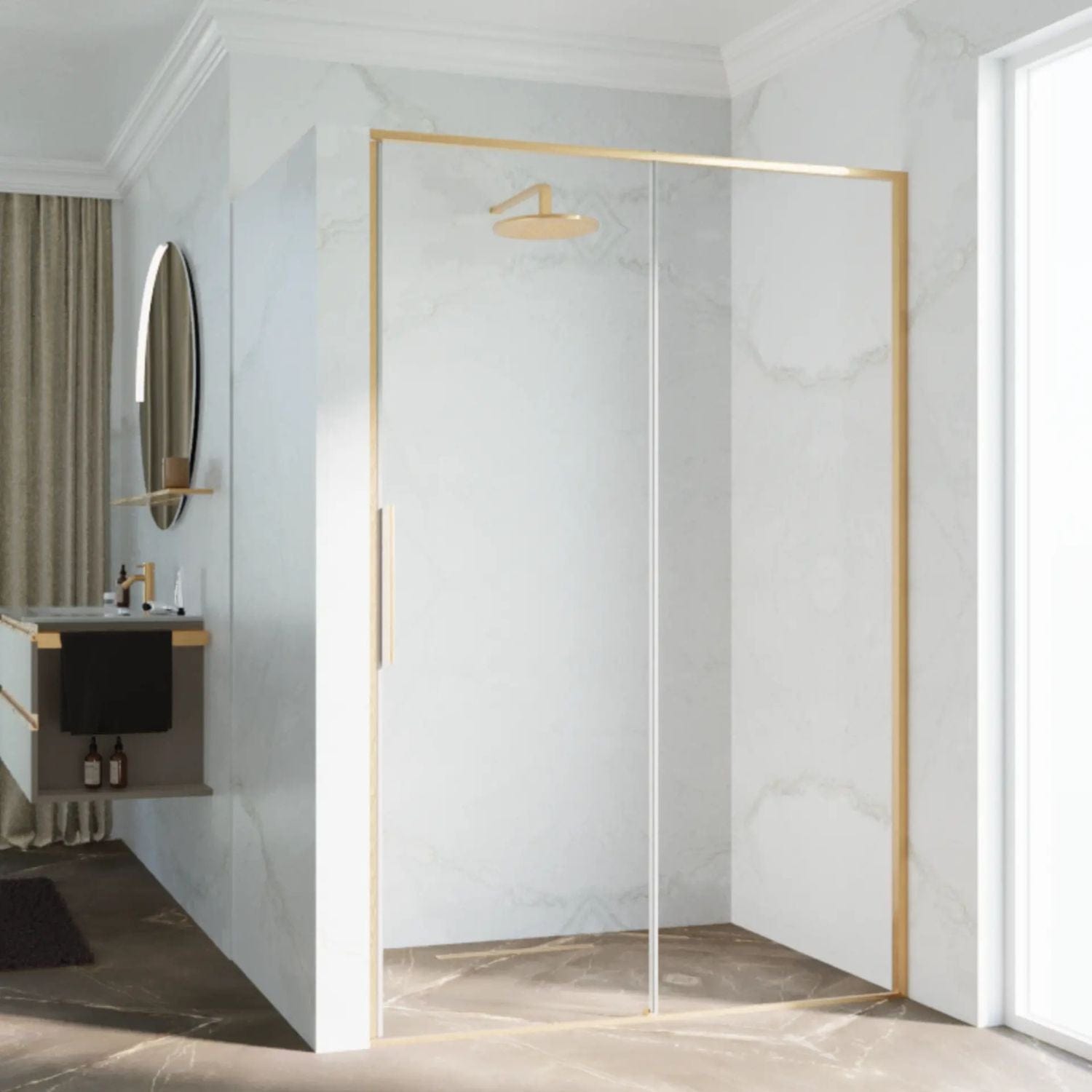 Novellini Riga 2P skyvedører Børstet messing / 96cm / Høyre hengslet Novellini Dusjdør KO-RIG2P96D-1P