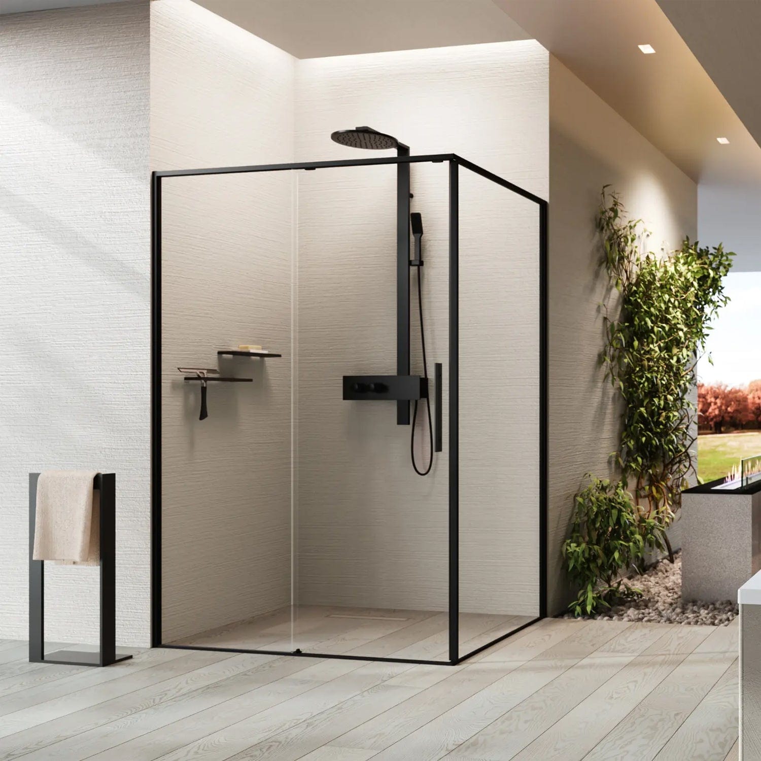 Novellini Riga F2P fastvegg for 2PF Svart matt / 67cm / Høyre hengslet Novellini Dusjdør KO-RIGF2P67D-1H