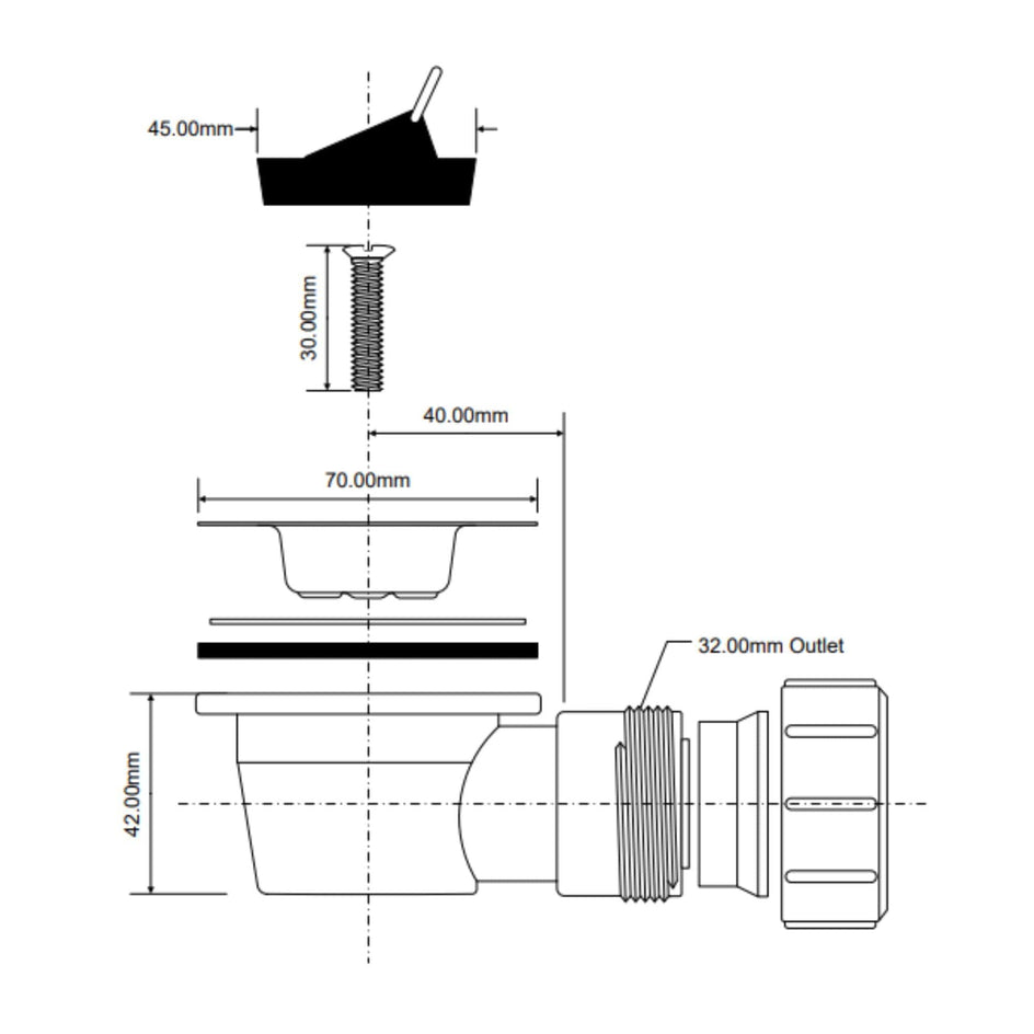 Reservedel: Altech Badekarventil med albue Ø70X32mm Altech Reservedel badekar DAL-4520364
