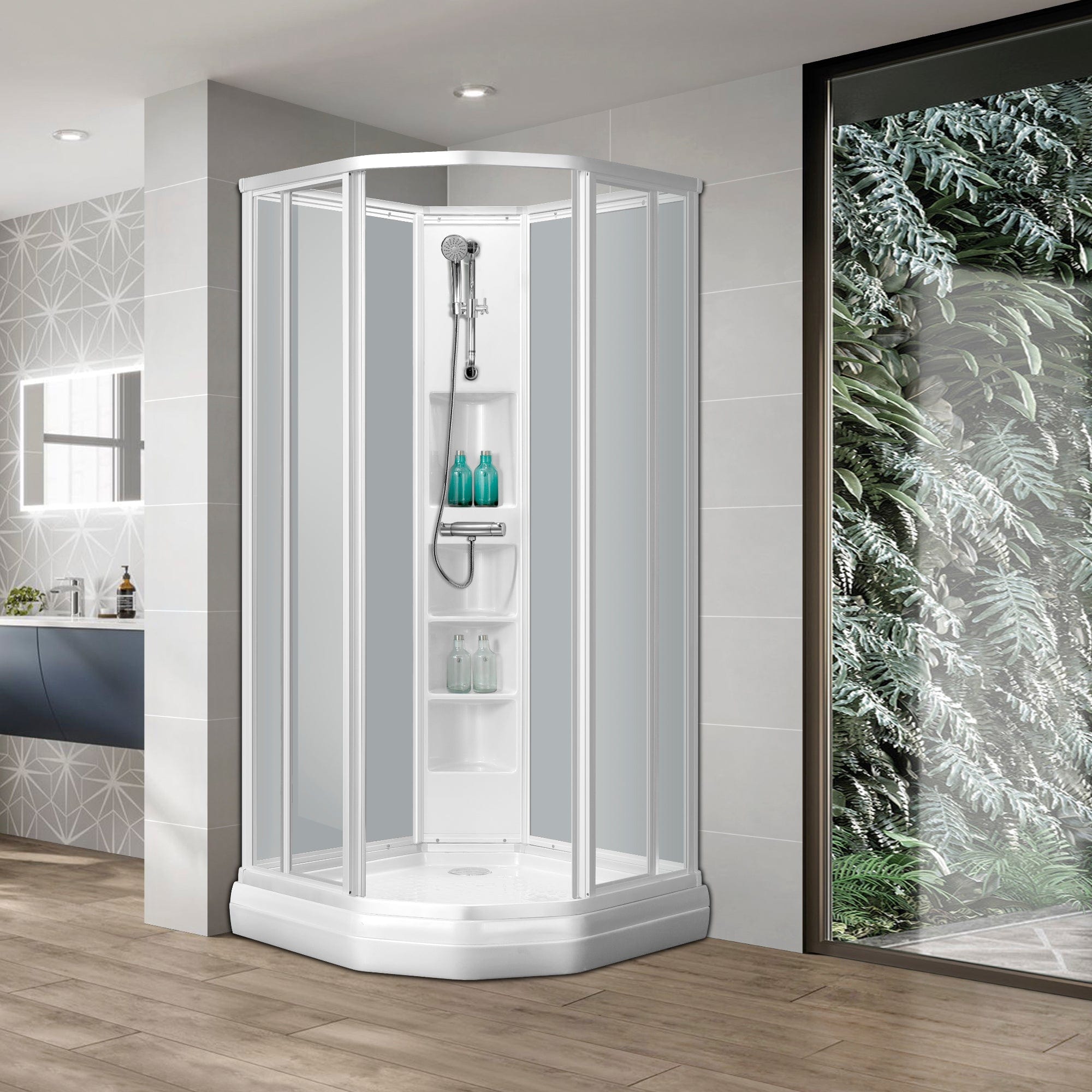 Sanipro Classic Buet Dusjkabinett Hvit frostet bakvegger Hvit matt / 90x90cm / Basic Sanipro Dusjkabinett SA-2070