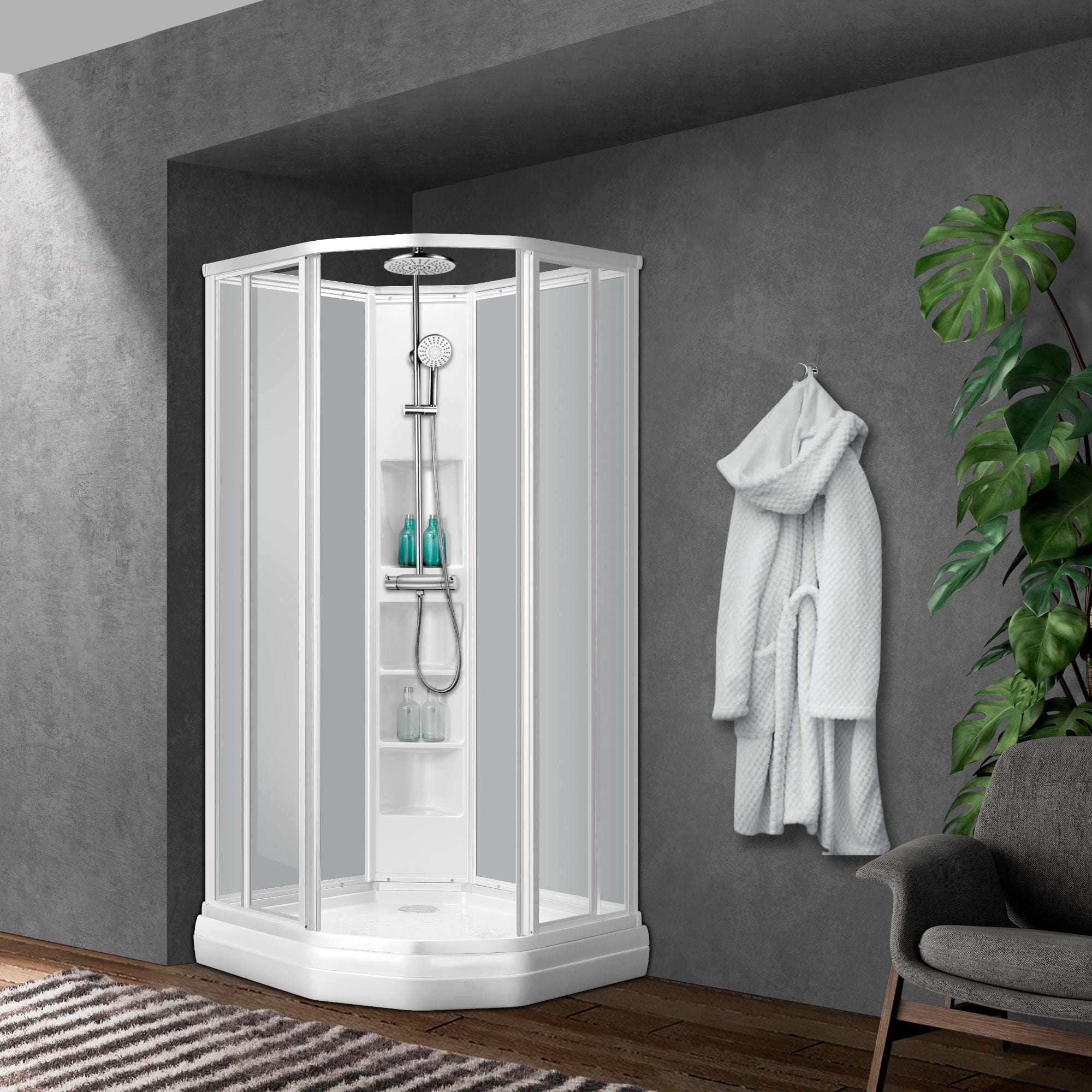 Sanipro Classic Buet Dusjkabinett Hvit frostet bakvegger Hvit matt / 90x90cm / Plus Sanipro Dusjkabinett SA-10025