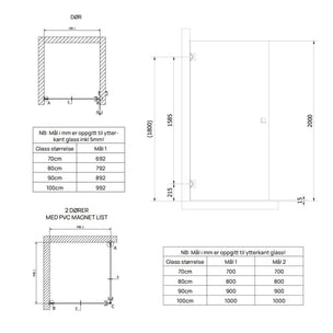 VikingBad Emil Dusjdør H200 inkl. veggfeste og dørhåndtak