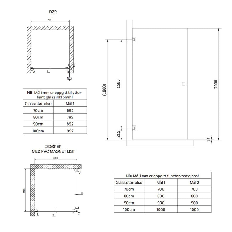 VikingBad Emil Dusjdør H200 inkl. veggfeste og dørhåndtak