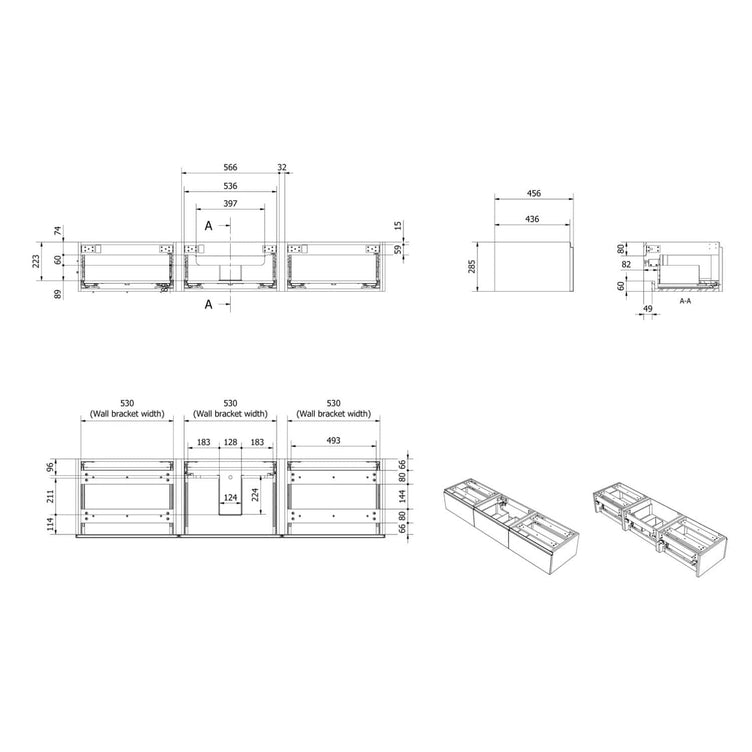 VikingBad MIE DEMI Slett Servantskap Mål: B(60-180)xH46xD29 cm (3x60)