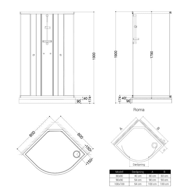 VikingBad Roma Basic Lav Dusjkabinett - Grå, klart glass Basic / 80x80cm / Klart glass VikingBad Dusjkabinett VB-109284