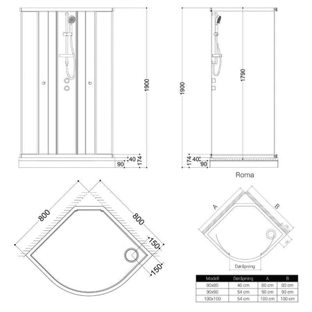 VikingBad Roma Lav Dusjkabinett Buet - Klart glass, H190cm