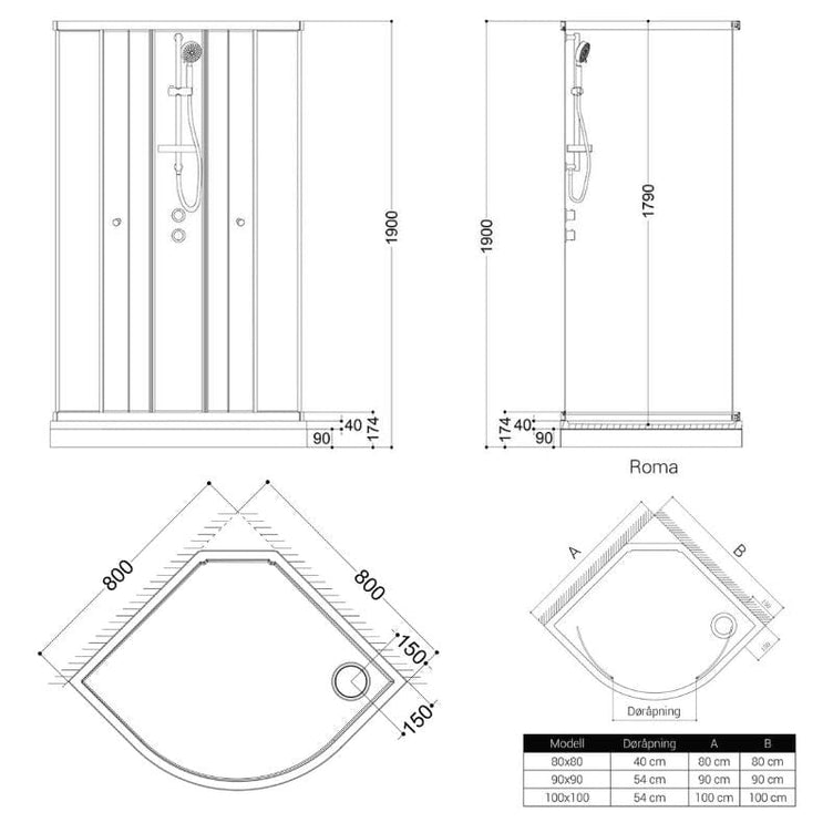 VikingBad Roma Lav Dusjkabinett Buet - Klart glass, H190cm