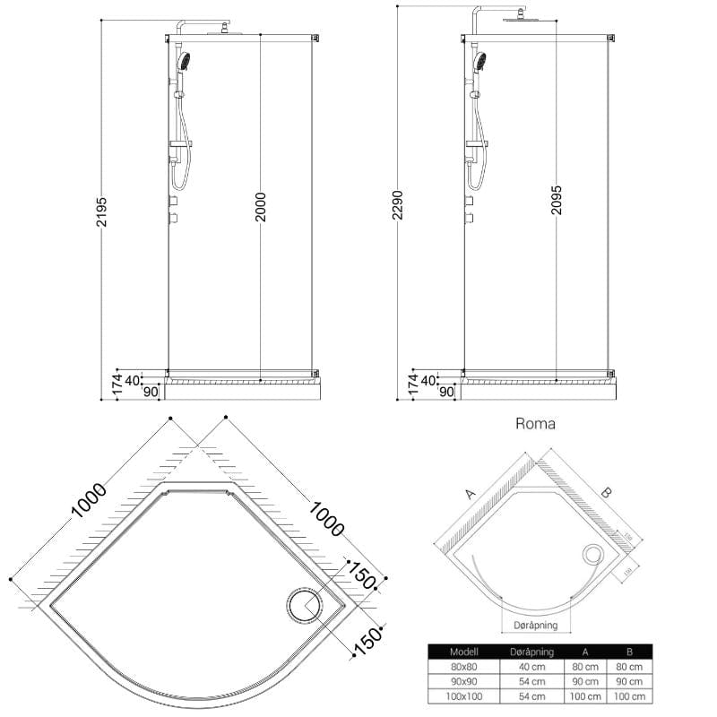 VikingBad Roma pluss Dusjkabinett - Hvit, 100x100cm Hvit / 100x100cm / Hvit VikingBad Dusjkabinett VB-108880