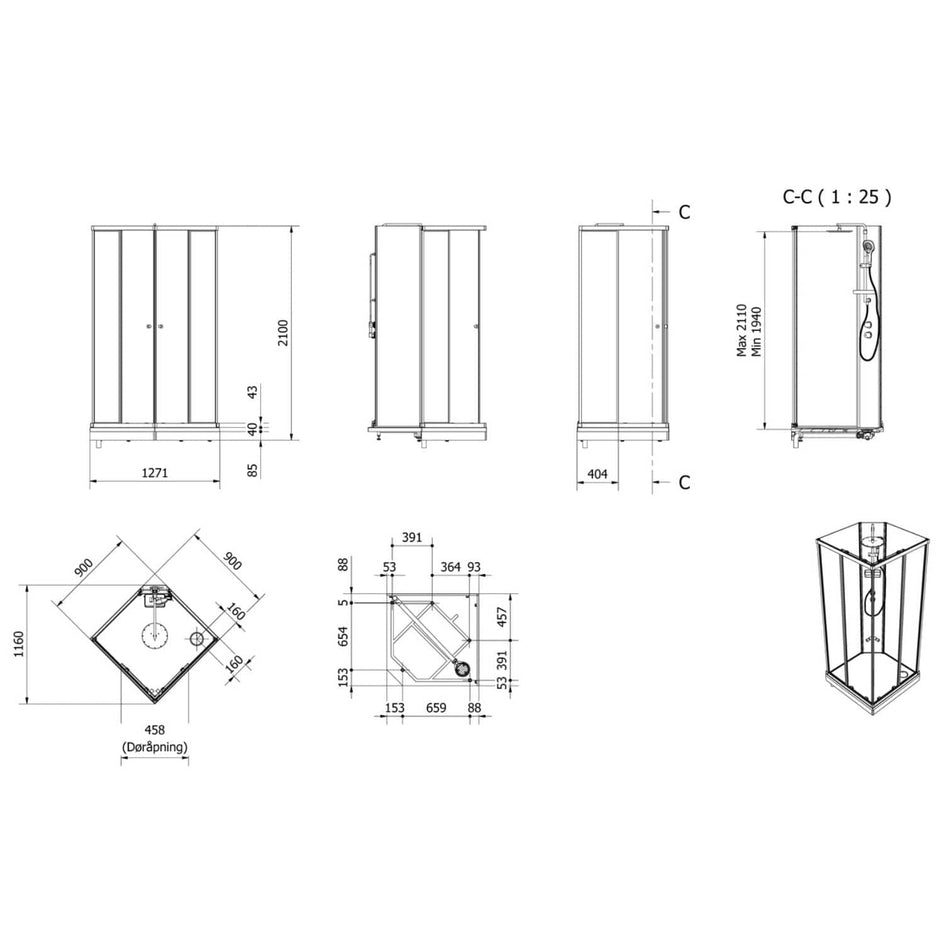 VikingBad SOFIA Rett Pluss Dusjkabinett - hvit søyle VikingBad Dusjkabinett
