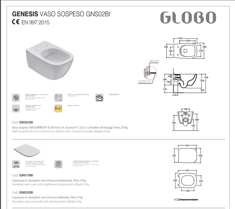 Globo Genesis Vegghengt Toalett - uten toalettsete