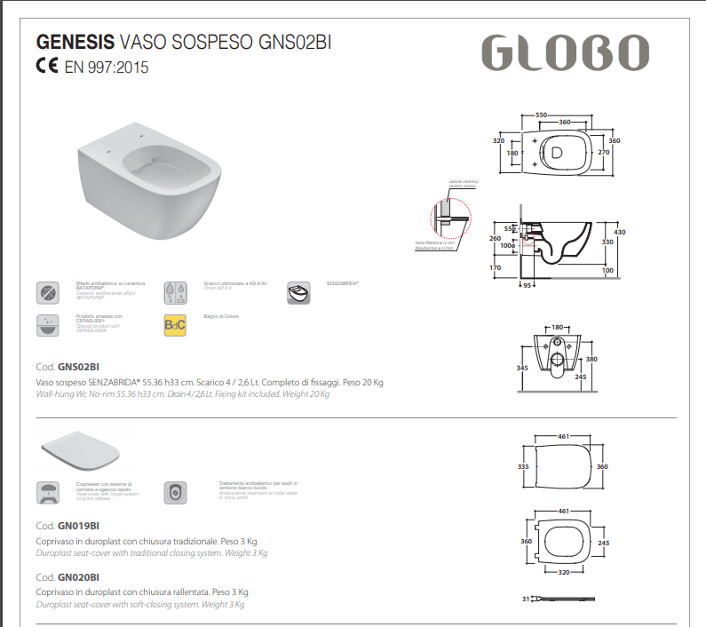 Globo Genesis Vegghengt Toalett - uten toalettsete Globo Vegghengt toalett