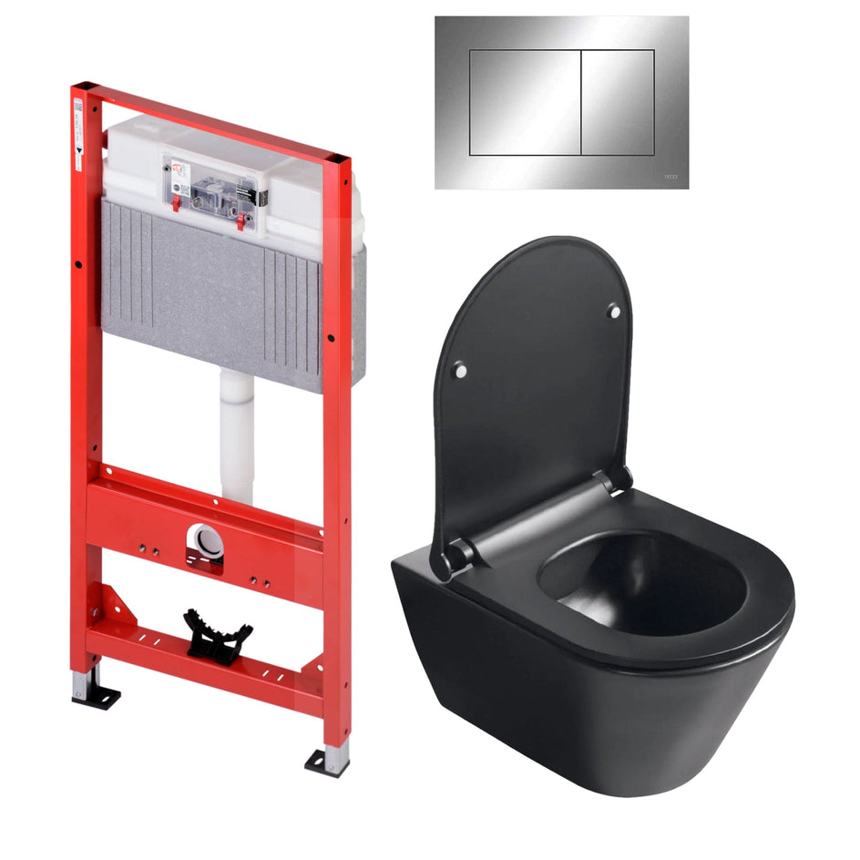Sanipro Aquaform Toalettpakke: veggskål, soft-close sete og TECE sisterne Svart matt / Krom Sanipro Toalettpakker BUN-6123045SMK