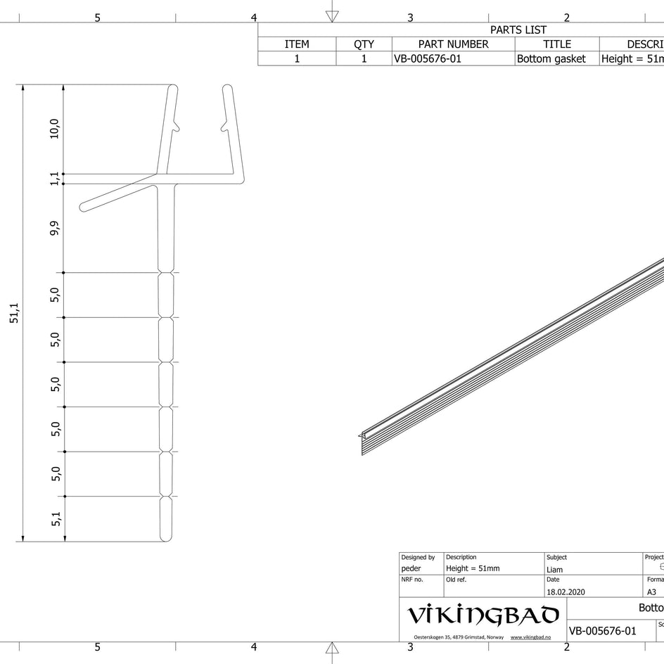 VikingBad Subbelist Liam PVC H51mm Rivbar - B100cm VikingBad Reservedel dusj